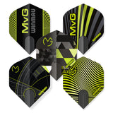 Black and yellow MVG Winmau dart flights on a white background