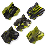 Five Winmau dart flights with black and yellow design on a white background