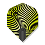 Dart flight with black and yellow striped pattern on a white background