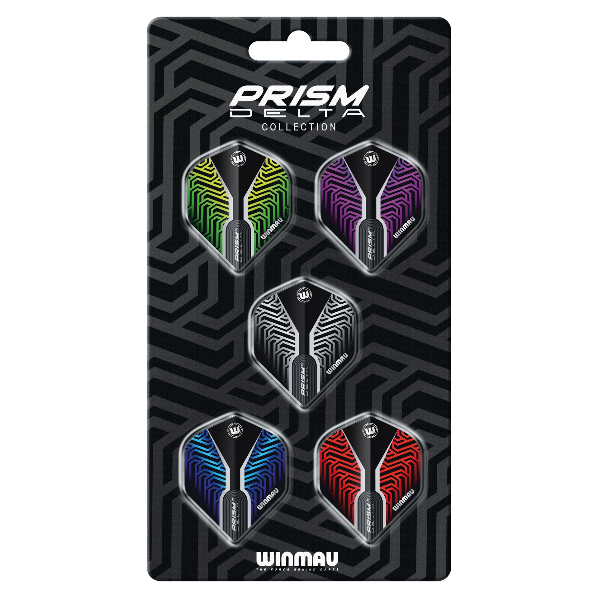 Pack of Winmau Prism Delta dart flights on a black packaging with geometric pattern