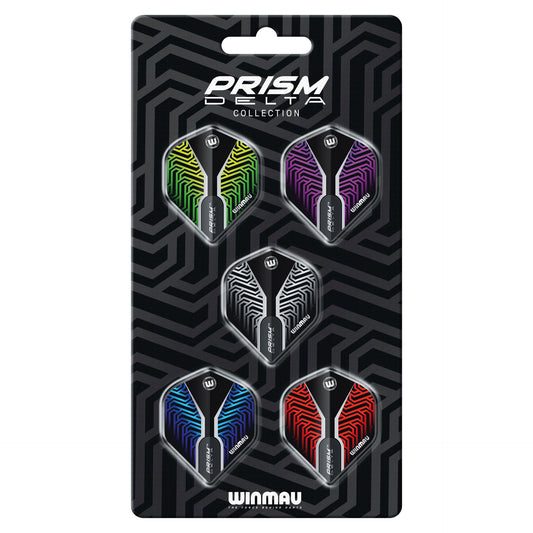 Pack of Winmau Prism Delta dart flights on a black packaging with geometric pattern