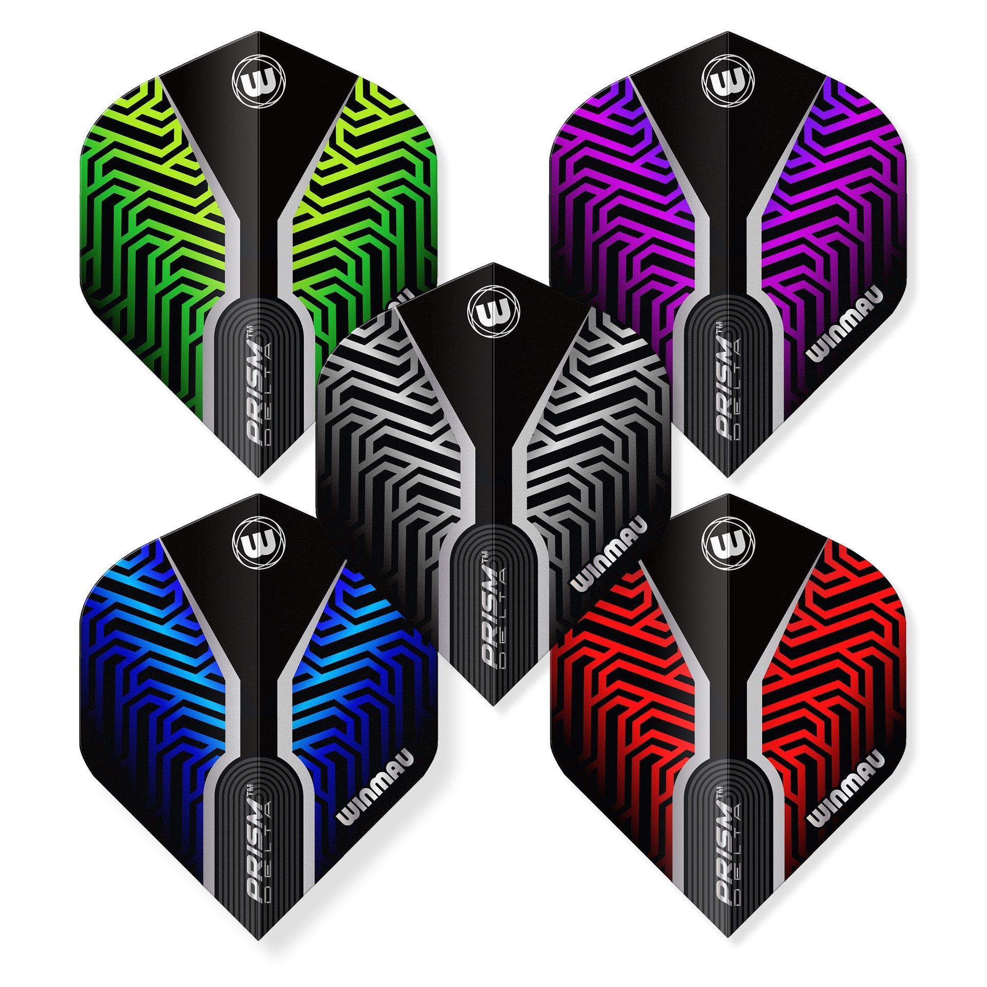 Set of Winmau Prism dart flights in various colors on a white background