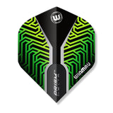 Dart flight with green and black pattern on a white background