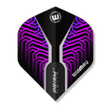 Dart flight with purple and black pattern on a white background