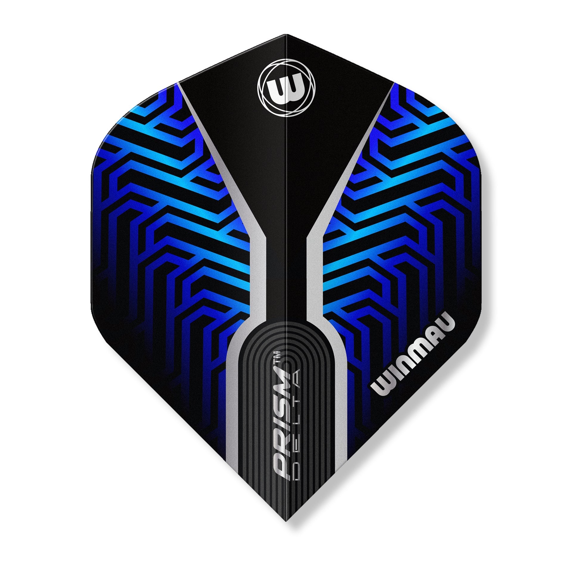 Winmau dart flight with blue and black pattern on a white background