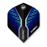 Winmau dart flight with blue and black pattern on a white background
