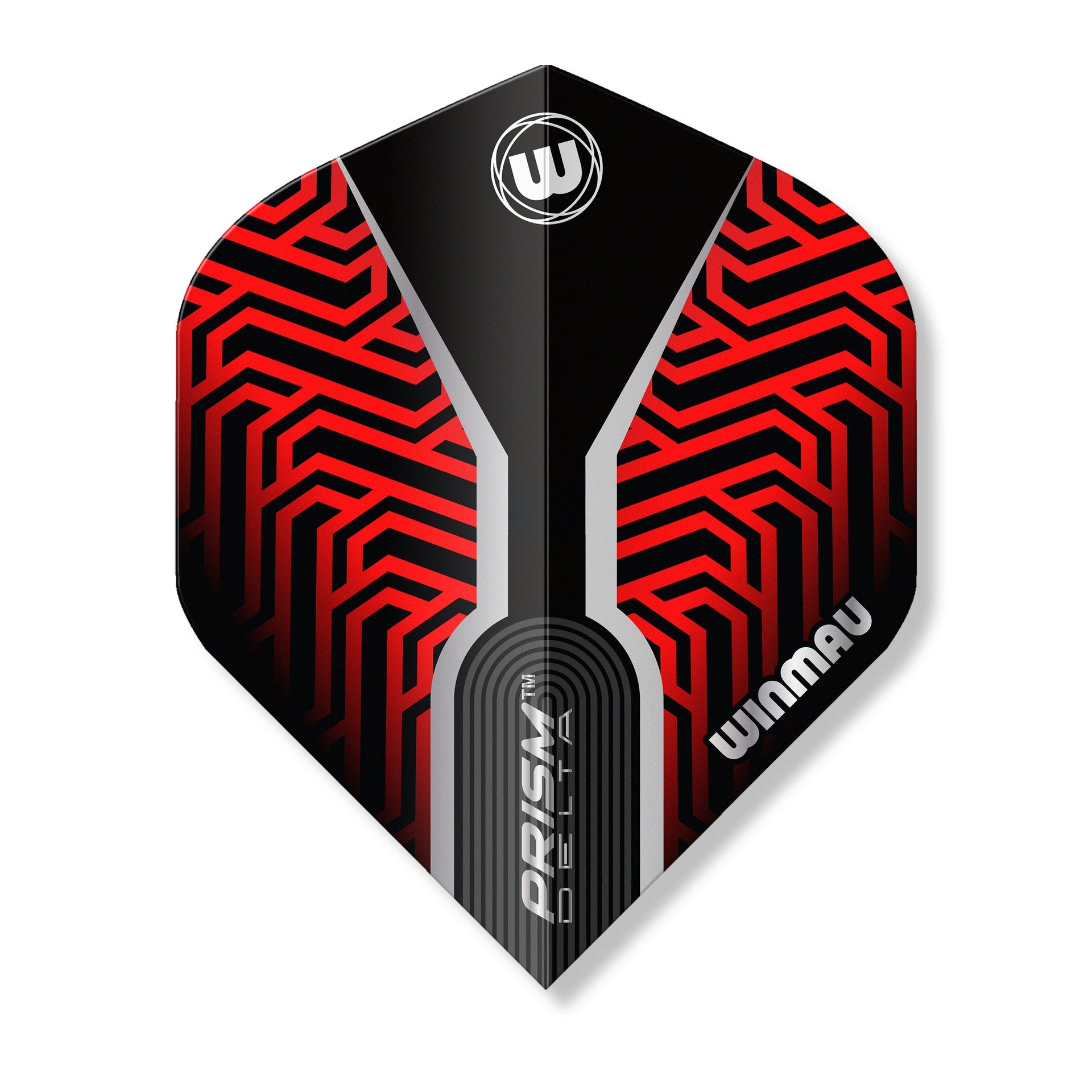 Winmau dart flight with red and black geometric pattern on a white background
