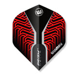 Winmau dart flight with red and black geometric pattern on a white background