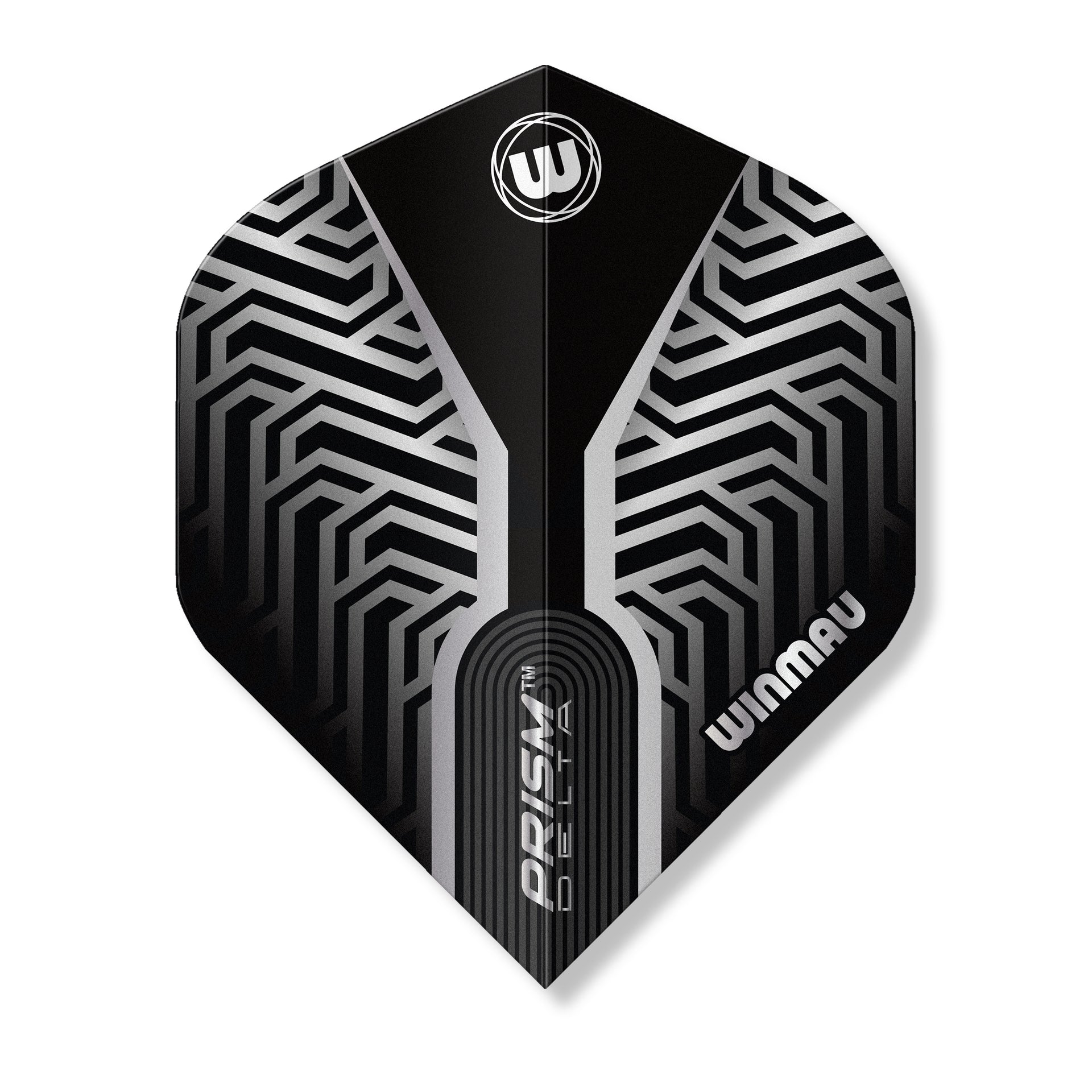 Black and silver dart flight with Winmau branding on a white background