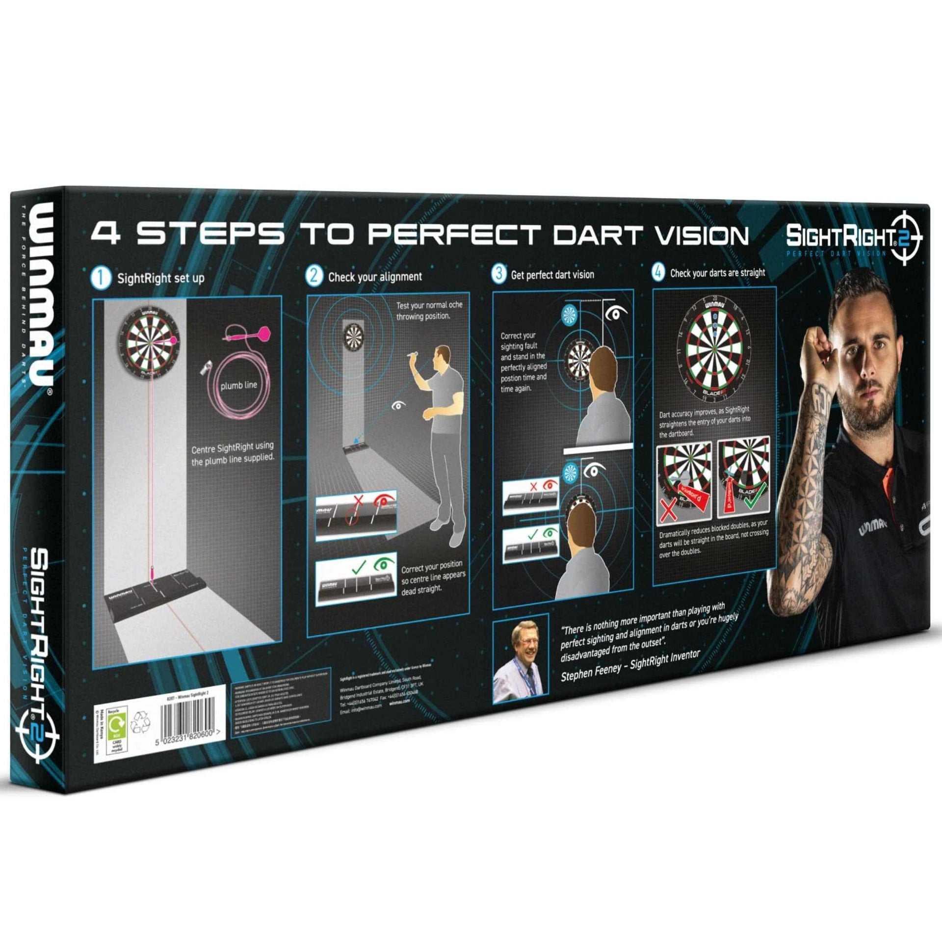 SightRight 2 dart alignment tool packaging with four-step perfect dart vision setup instructions and player demonstration