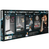 SightRight 2 dart alignment tool packaging with four-step perfect dart vision setup instructions and player demonstration