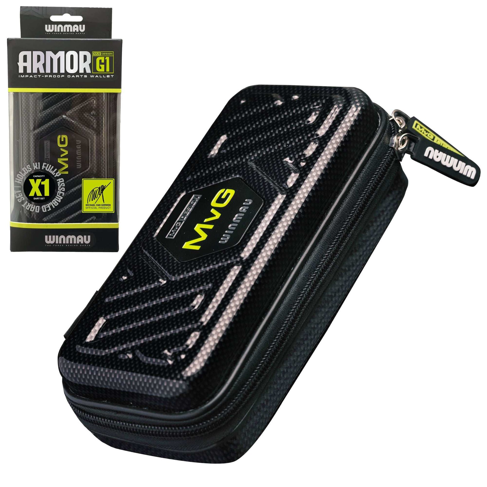 Winmau Armor MvG G1 Dart Wallet open showing compartments for darts and accessories