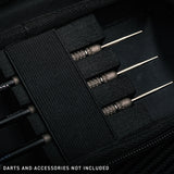 Close-up of black dart case with darts and accessories not included text