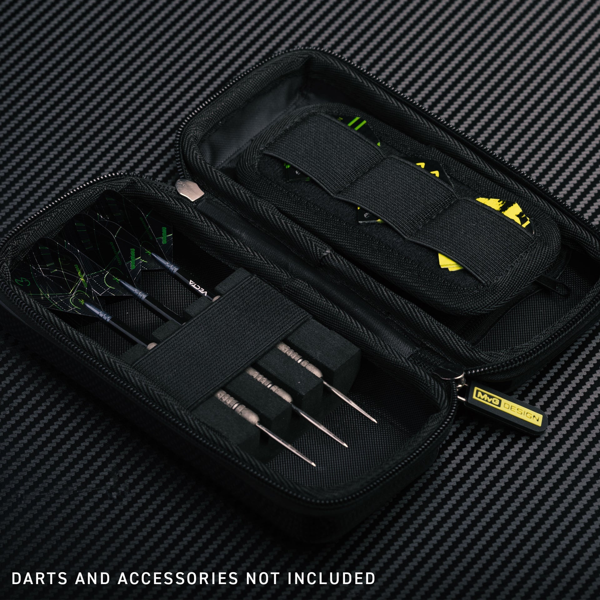 Black dart case with darts on a carbon fiber background