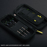 Black dart case with darts on a carbon fiber background