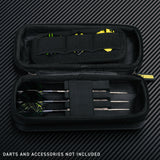 Black dart case with darts on a carbon fiber background