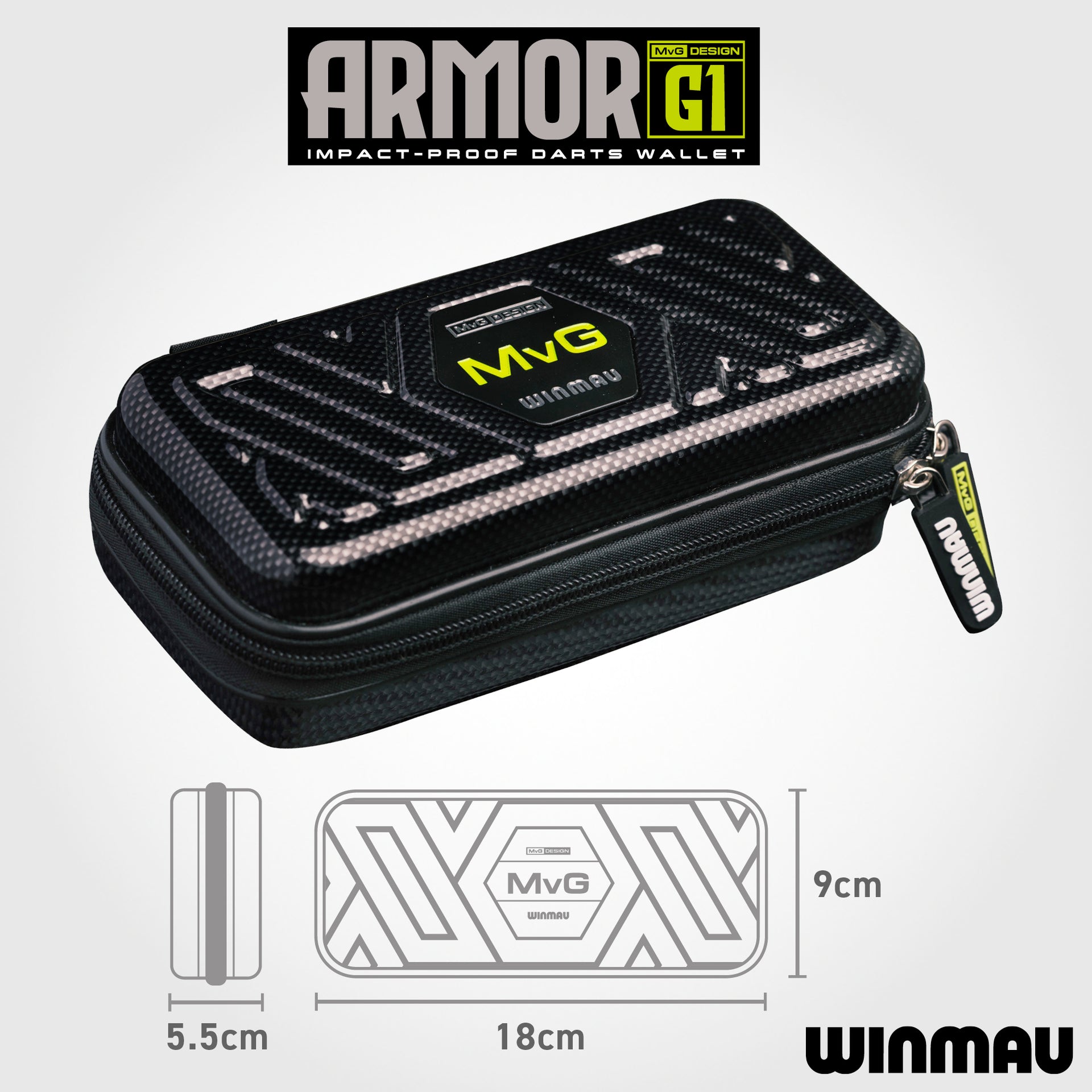 Winmau Armor G1 impact-proof darts wallet with dimensions and branding on a white background