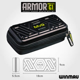 Winmau Armor G1 impact-proof darts wallet with dimensions and branding on a white background