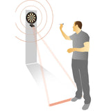 Man throwing darts using Laser Oche projecting adjustable throw line on floor in front of dartboard