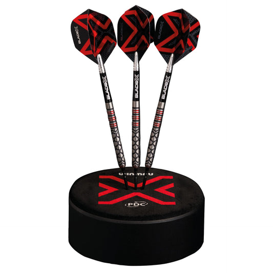 Three darts on the BladeX Dart dock with a BladeX red logo on a white background.