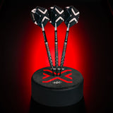 Three darts on the BladeX Dart dock with a BladeX red logo on a red background.
