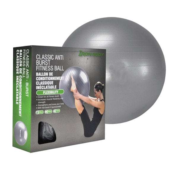 Anti-burst fitness ball in silver with packaging, suitable for exercise, yoga, and stretching, includes pump, available in 55cm or 65cm diameters