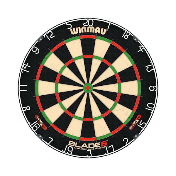 Winmau Blade 6 dartboard for BD Combo dart set with black wood surround and brass darts kit