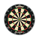Winmau Blade 6 dartboard for BD Combo dart set with black wood surround and brass darts kit
