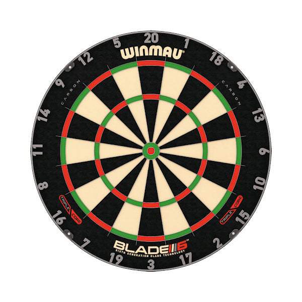 Winmau Blade 6 dartboard included in BD Combo dart set with black wood surround and brass darts kit