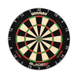 Winmau Blade 6 dartboard included in BD Combo dart set with black wood surround and brass darts kit