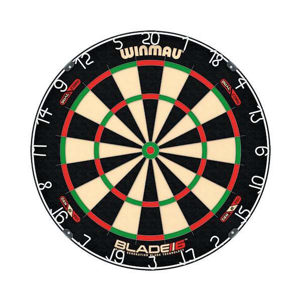 Winmau Blade 6 dartboard from BD Combo dart set with black wood surround and brass darts kit