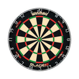 Winmau Blade 6 dartboard from BD Combo dart set with black wood surround and brass darts kit