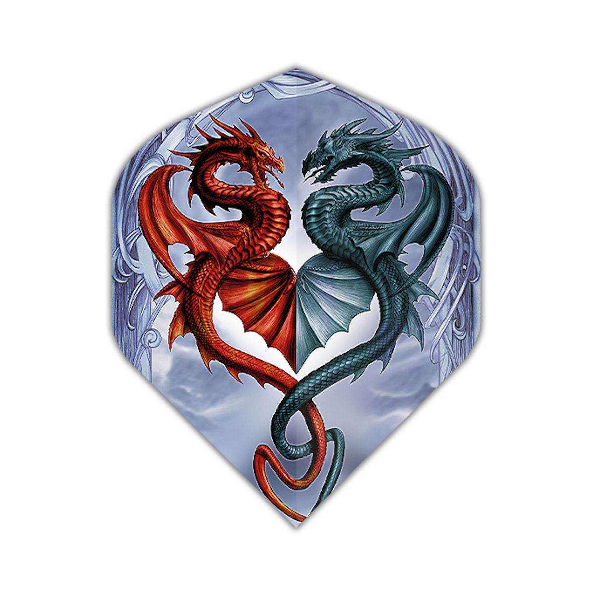 Alchemy Flights with red and blue dragon design, extra thick poly dart flights, set of 3