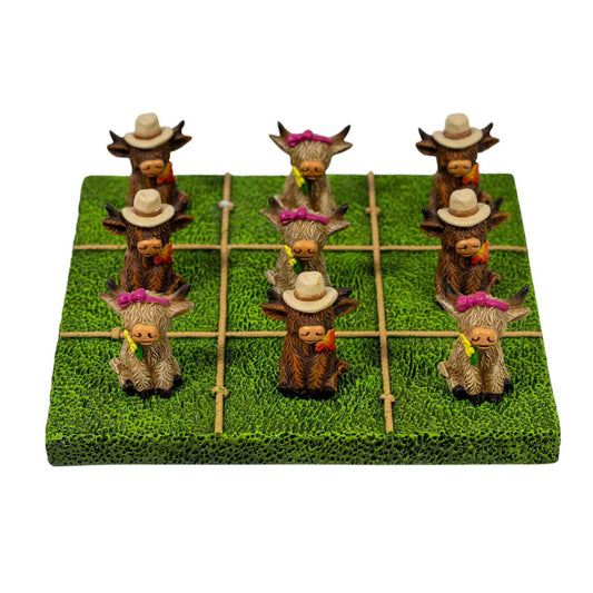 Tic Tac Toe Game Set Highland Cows shown on green playfield