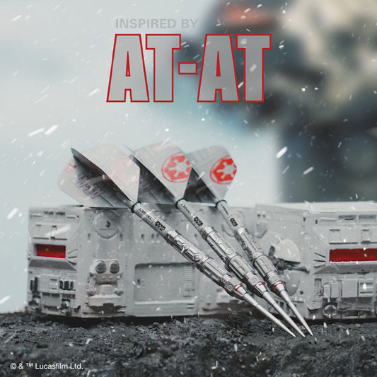 Model of an AT-AT with darts inspired by Star Wars, set against a snowy background.