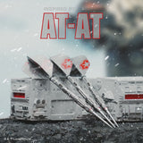 Model of an AT-AT with darts inspired by Star Wars, set against a snowy background.