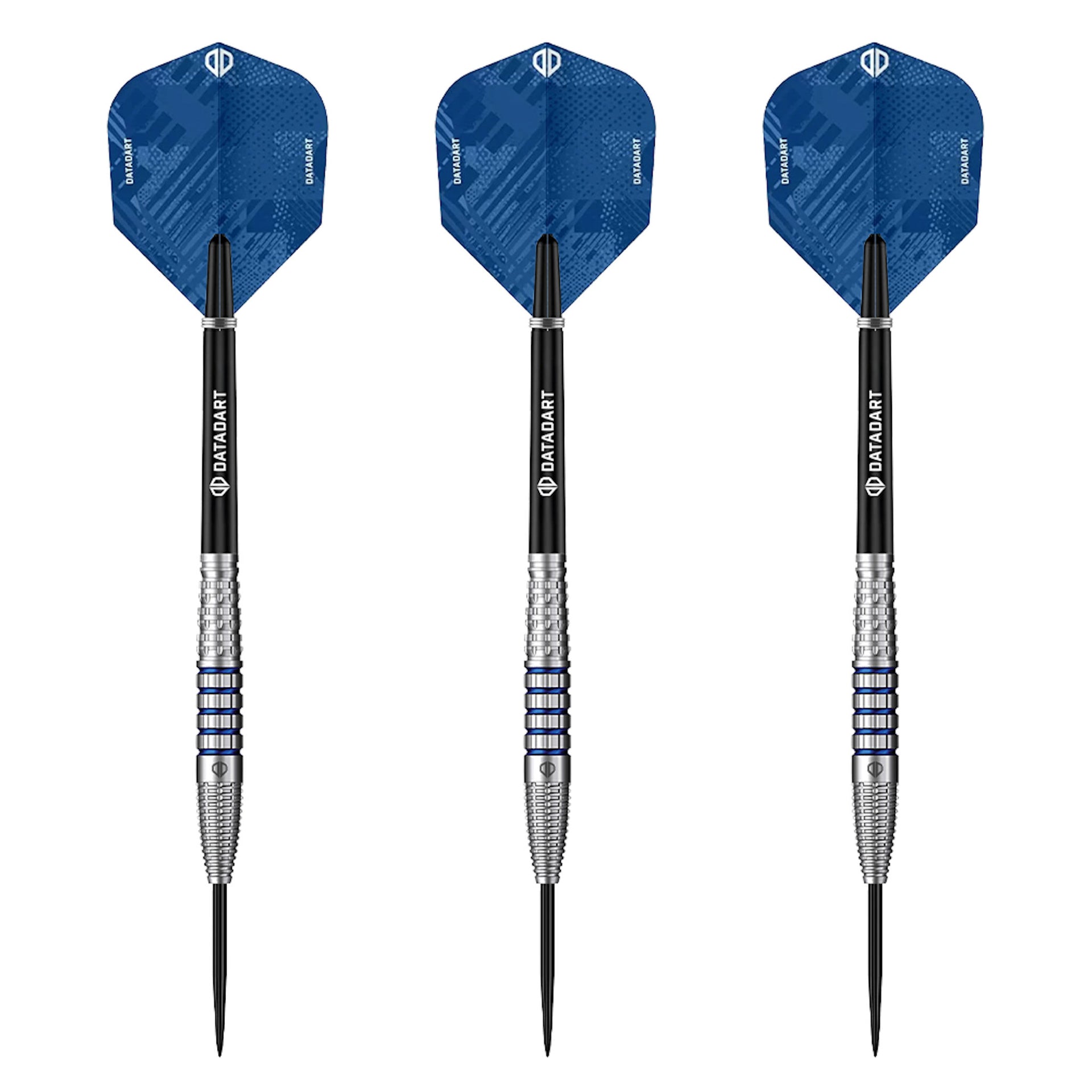 Datadart Alaris 90% Tungsten three blue darts with black and silver shafts on a white background