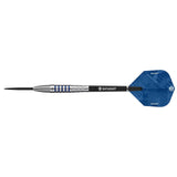 Datadart Alaris 90% Tungsten Darts with blue flight and silver shaft on a white background