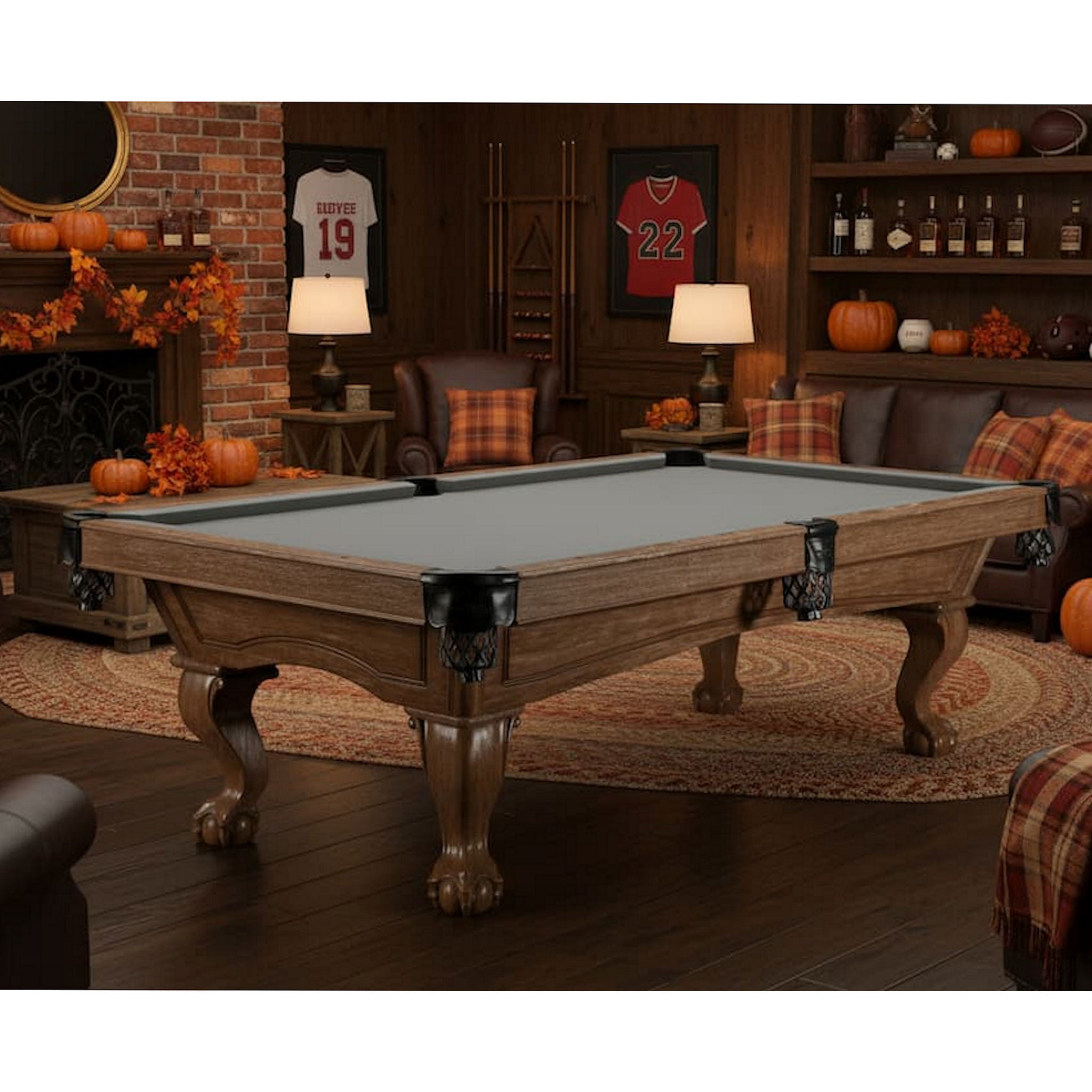 Allenton Pool Table by Brunswick Billiards in a room with autumn decorations and sports memorabilia.