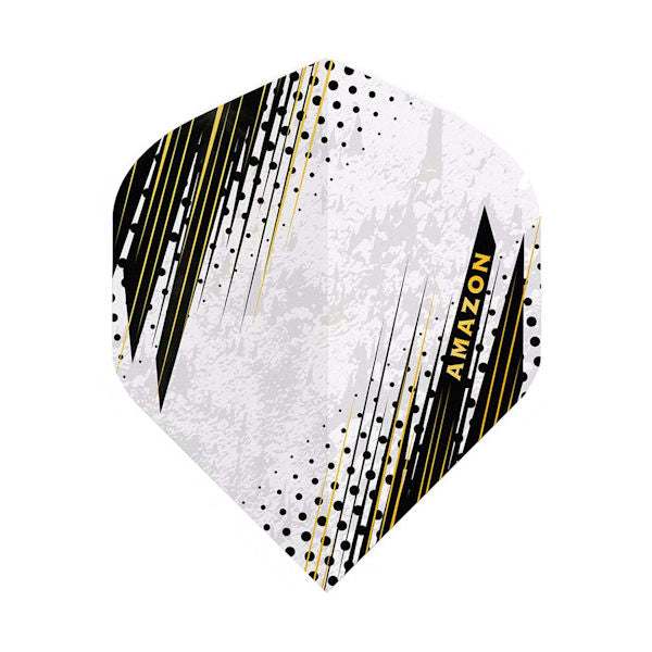 Extra tough Amazon Flights poly dart flight with black and yellow design, 100 micron thick, pack of 3