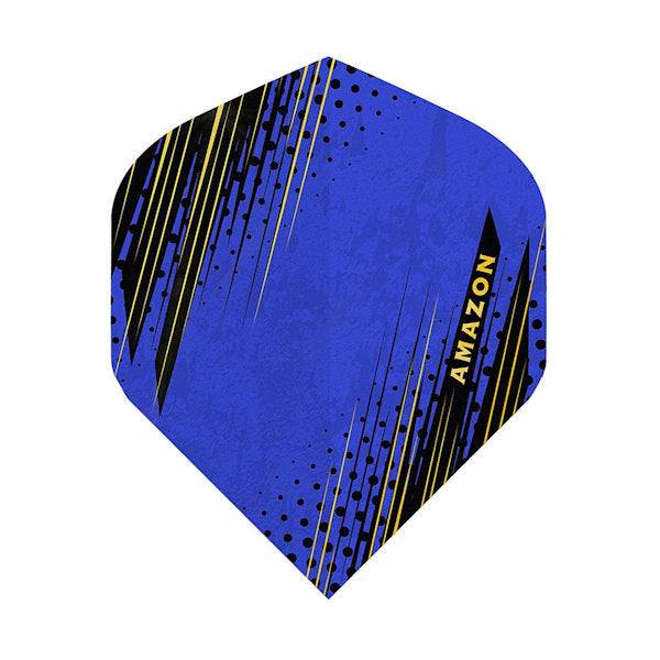 Blue Amazon Flights dart flight with black and yellow design and "Amazon" text