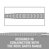 Technical product diagram showing a close-up of a braided cable RVE silver point with a threaded end, plus large text reading 'DESIGNED IN CONJUNCTION WITH THE ROVE DARTS RANGE' on a gray background.