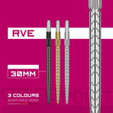 Swiss RVE Points shown on a bright pink background, labeled RVE, 30MM, and 3 COLOURS SILVER / GOLD / BLACK. A large close-up of a silver textured shaft appears on the right, with the three full shafts centered and text callouts on the left.