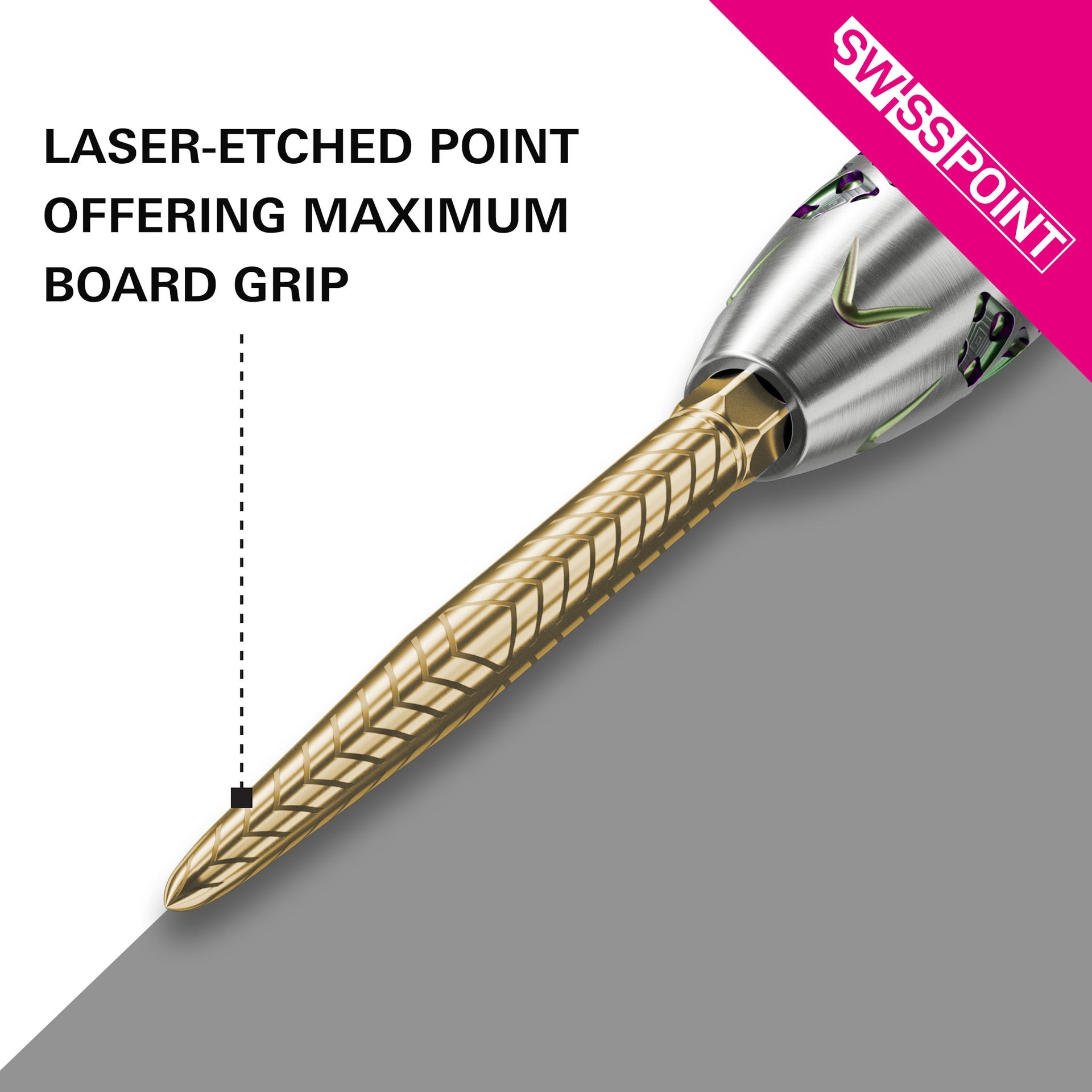 A close-up promotional graphic of a Swisspoint with a laser-etched gold grip on a white and gray background, with text reading 'LASER-ETCHED POINT OFFERING MAXIMUM BOARD GRIP' and a pink Swisspoint brand corner.