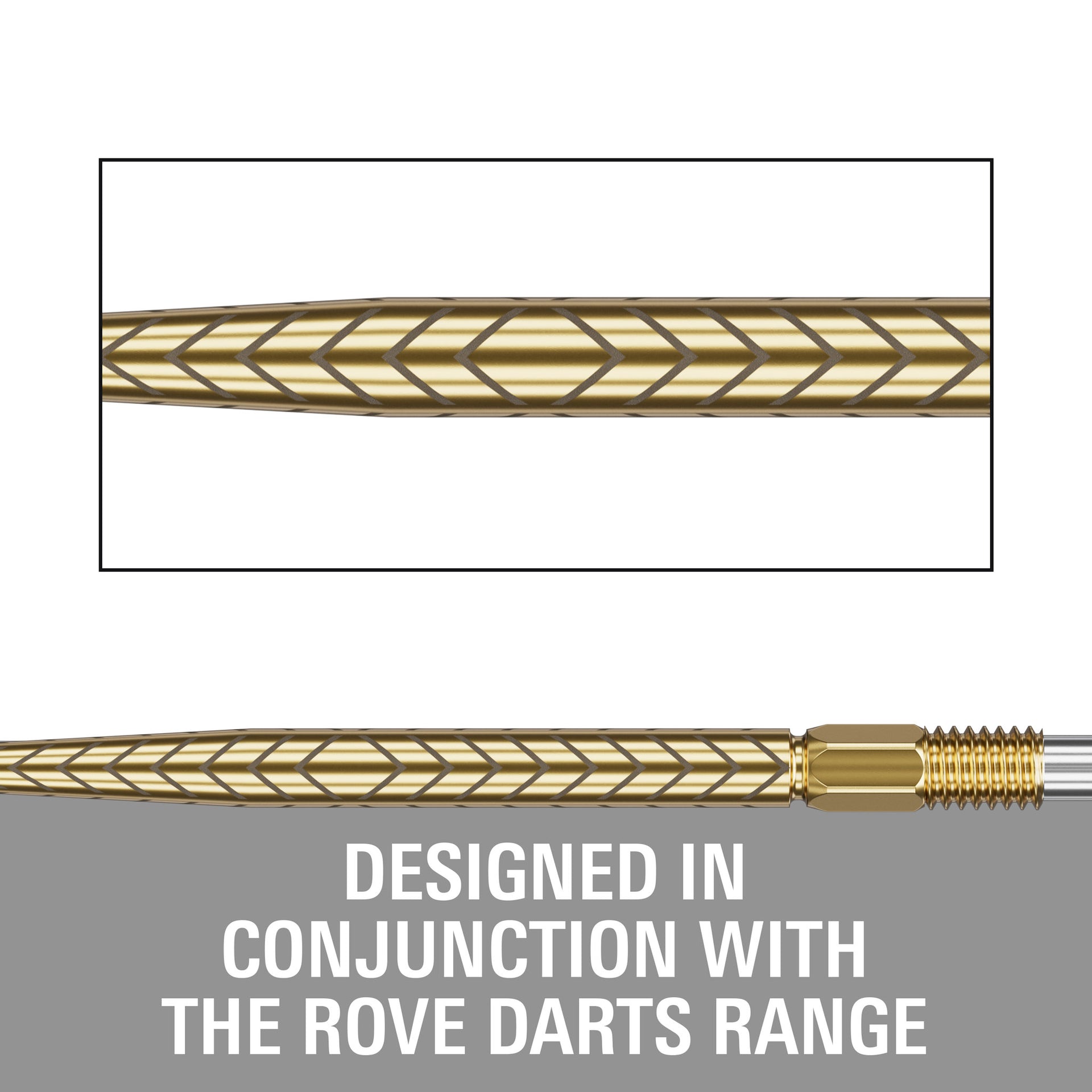 Technical product diagram showing a close-up of a braided cable RVE gold point with a threaded end, plus large text reading 'DESIGNED IN CONJUNCTION WITH THE ROVE DARTS RANGE' on a gray background.
