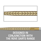 Technical product diagram showing a close-up of a braided cable RVE gold point with a threaded end, plus large text reading 'DESIGNED IN CONJUNCTION WITH THE ROVE DARTS RANGE' on a gray background.