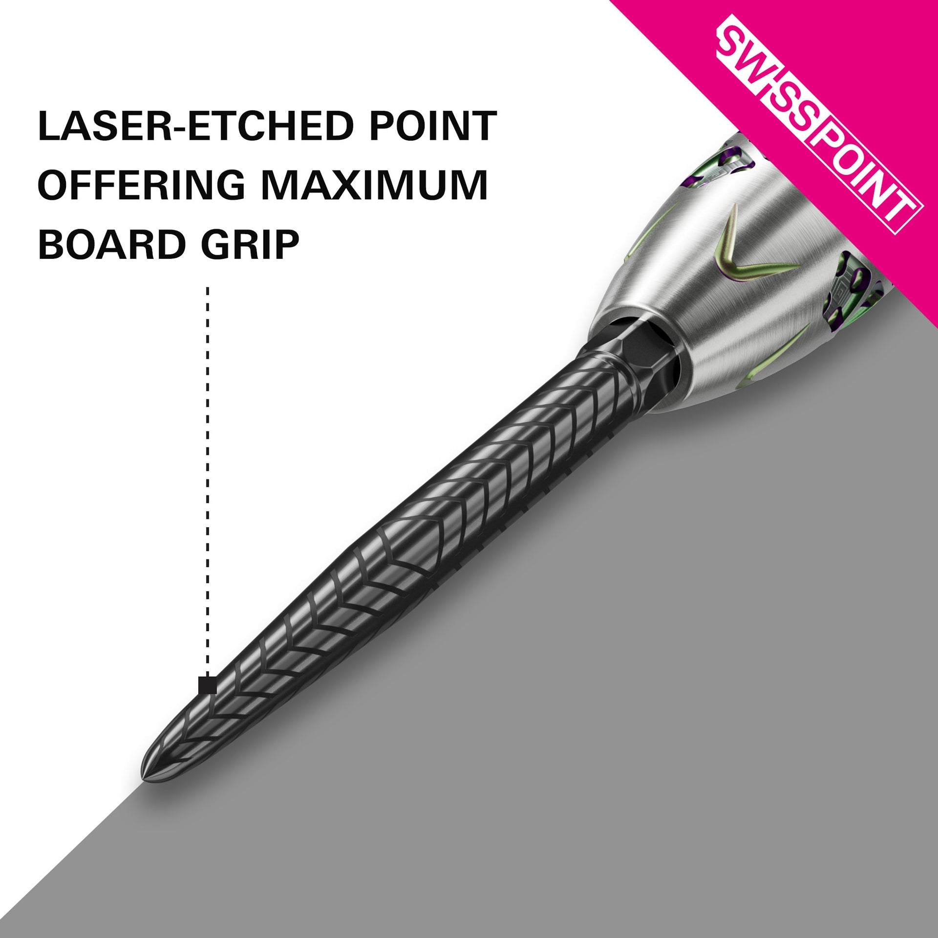 A single dart shown diagonally on a split white and gray background with marketing text reading 'LASER-ETCHED POINT OFFERING MAXIMUM BOARD GRIP' and a pink 'SWISSPOINT' banner in the top right.
