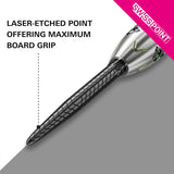 A single dart shown diagonally on a split white and gray background with marketing text reading 'LASER-ETCHED POINT OFFERING MAXIMUM BOARD GRIP' and a pink 'SWISSPOINT' banner in the top right.