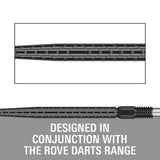 Technical product diagram showing a close-up of a braided cable RVE black point with a threaded end, plus large text reading 'DESIGNED IN CONJUNCTION WITH THE ROVE DARTS RANGE' on a gray background.