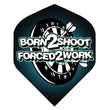 Born 2 Shoot flights durable dart flights with white text on dark teal dartboard background